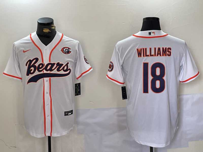 Mens Chicago Bears #18 Caleb Williams White With Patch Cool Base Stitched Baseball Jersey